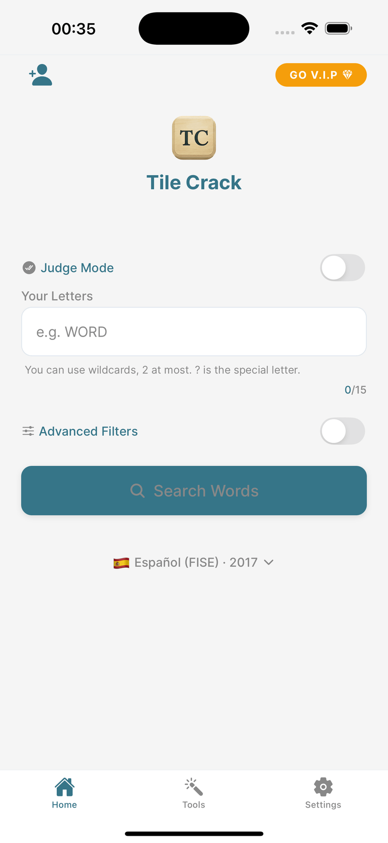 Tile Crack home screen with letter input