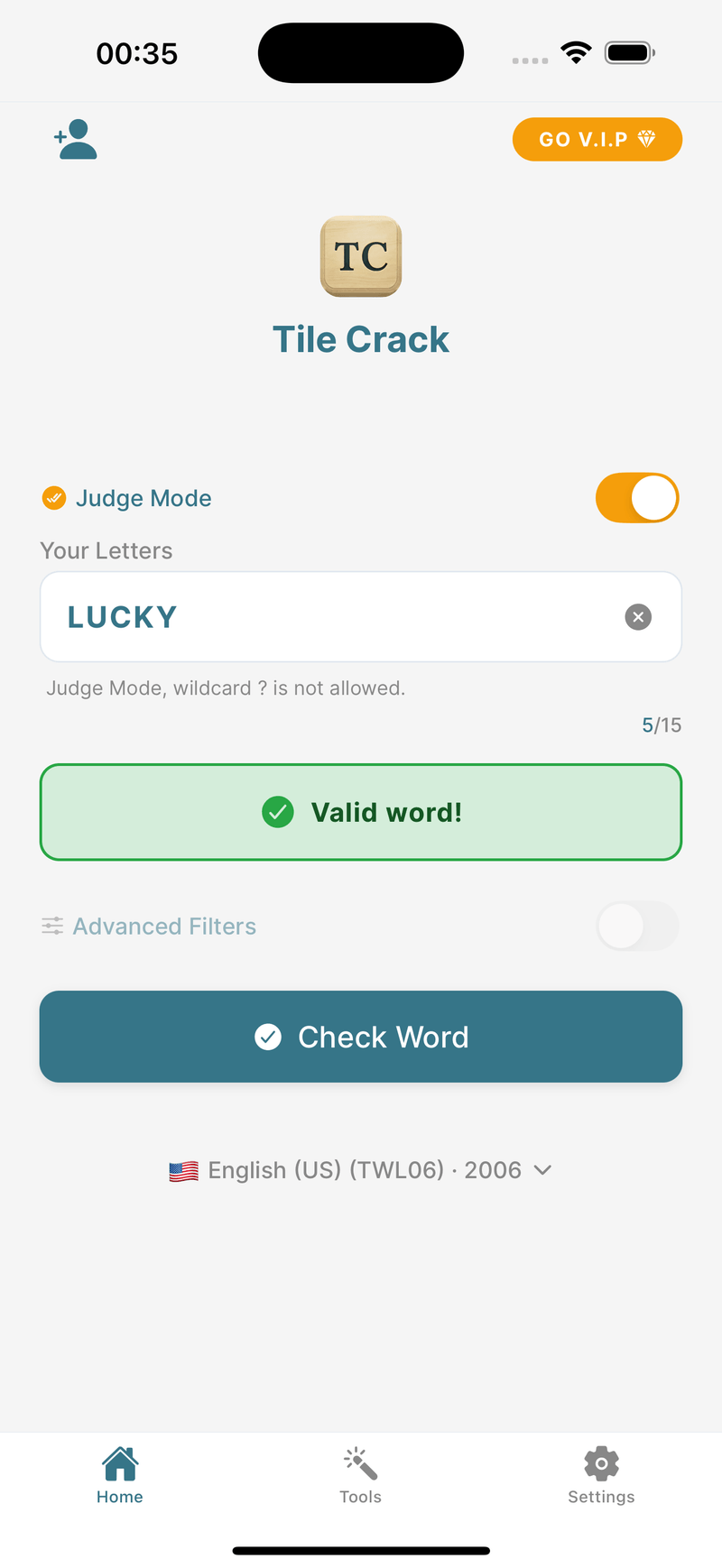 Tile Crack Judge Mode showing LUCKY as a valid word