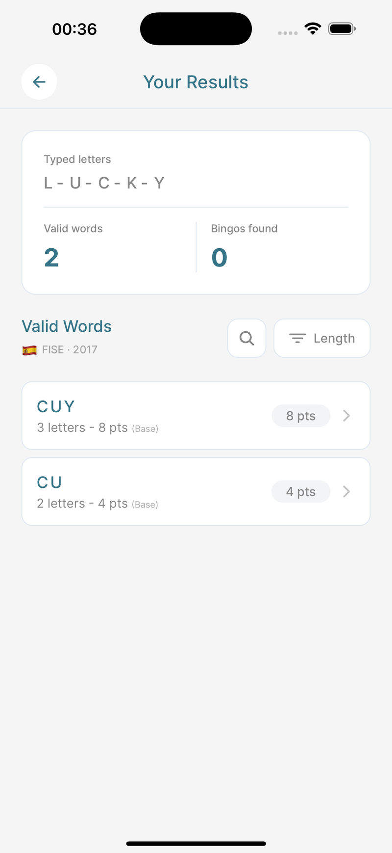 Tile Crack results list with valid words and scores