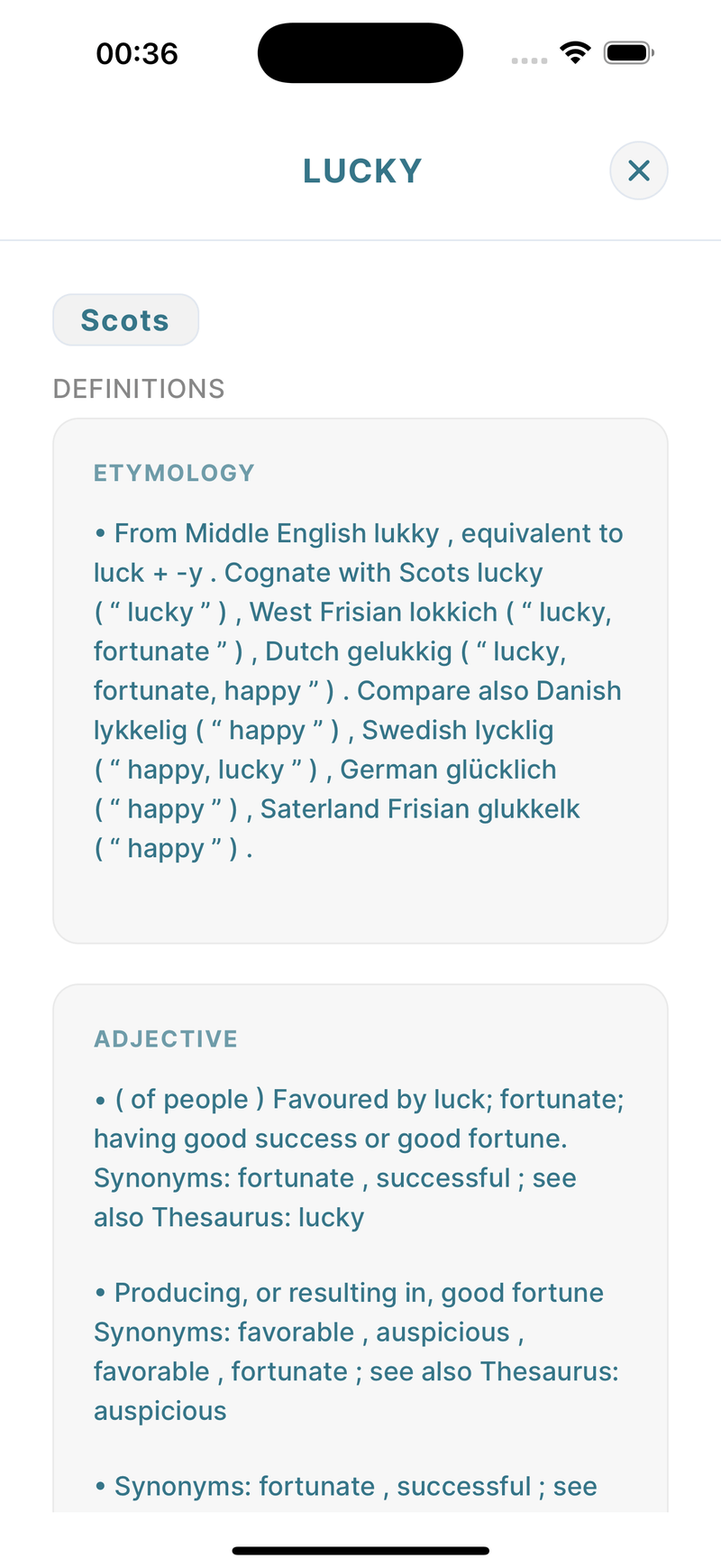 Tile Crack definition screen for LUCKY with etymology